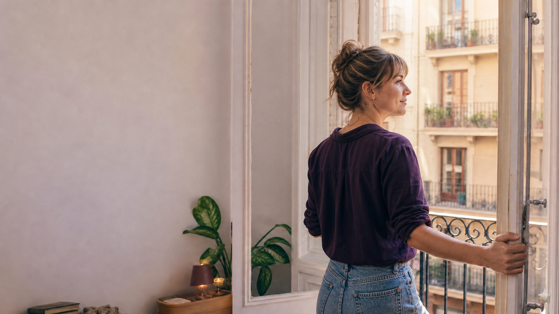 A young person opening a window to the Barcelona sunlight